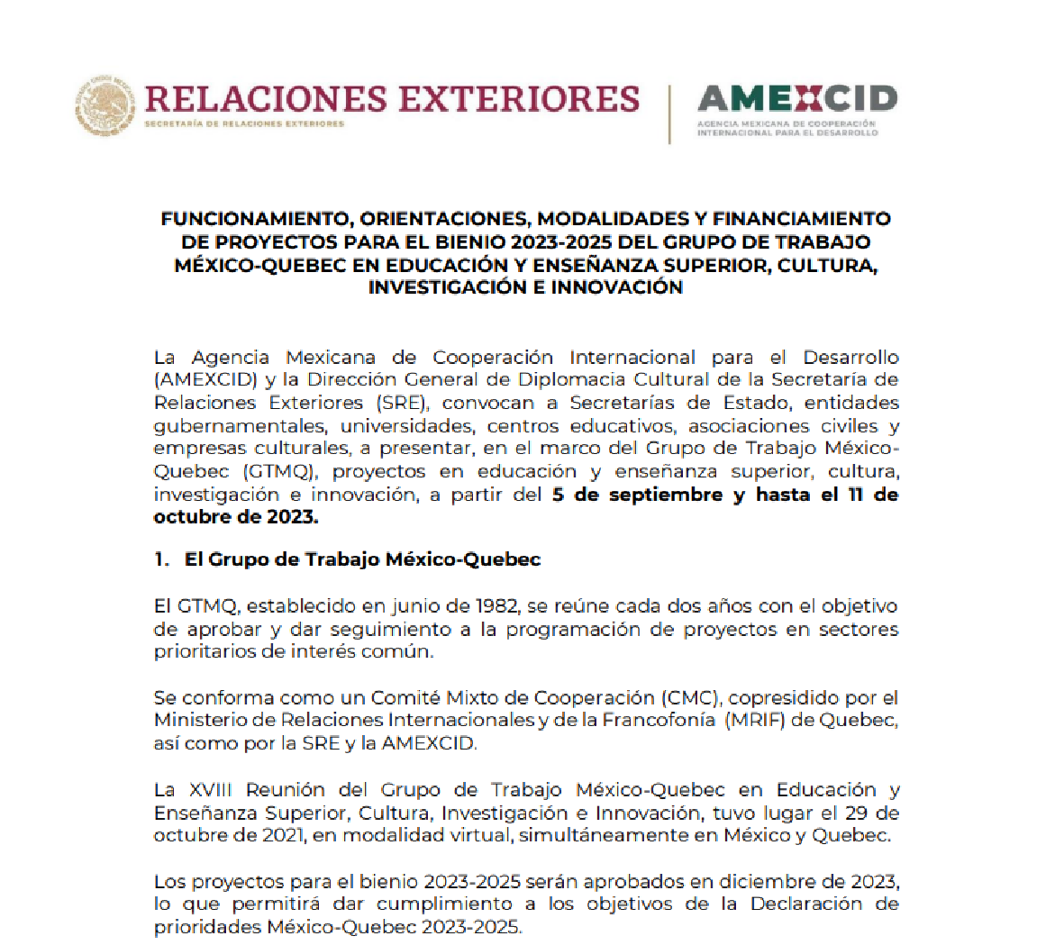 Convocatoria de proyectos bilaterales para financiamiento Grupo de Trabajo México Quebec