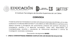 CONVOCATORIA 2024 DE LA REVISTA DE DIVULGACIÓN DE CIENCIA Y TECNOLOGÍA INNOVAITESCYT LOS CABOS. INTERESADOS EN SOMETER ARTÍCULOS