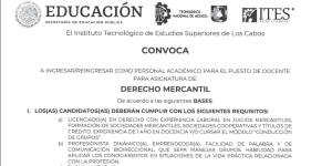 CONVOCATORIA PARA INGRESAR COMO PERSONAL ACADÉMICO PUESTO DE DOCENTE: DERECHO MERCANTIL