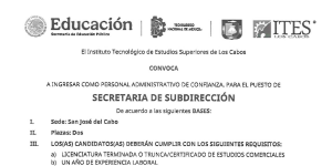 CONVOCATORIA A INGRESAR COMO PERSONAL ADMINISTRATIVO DE CONFIANZA PARA EL PUESTO DE  SECRETARIA DE SUBDIRECCIÓN