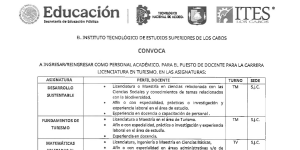 CONVOCATORIA PARA EL PUESTO DE DOCENTE DE LA LICENCIATURA DE TURISMO