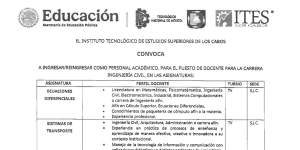 CONVOCATORIA PARA EL PUESTO DE DOCENTE PARA LA CARRERA DE INGENIERÍA CIVIL, EN LAS ASIGNATURAS