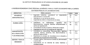 CONVOCATORIA PARA EL PUESTO DE DOCENTE PARA LA CARRERA DE CONTADOR PÚBLICO, EN LAS ASIGNATURAS