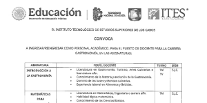 CONVOCATORIA PARA EL PUESTO DE DOCENTE DE LA CARRERA DE GASTRONOMÍA