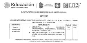 CONVOCATORIA PARA EL PUESTO DE DOCENTE DE LA CARRERA DE GASTRONOMÍA