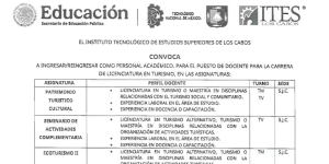 VACANTE  EN ITES LOS CABOS COMO DOCENTE PARA LA CARRERA DE LICENCIATURA EN TURISMO